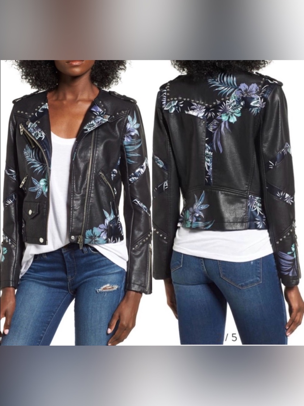 Blank NYC Black Faux Leather Floral Moto Jacket
